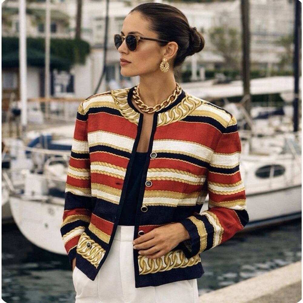 Vtg Adriana Papell Sz 6 100% Silk Gold Chain Couture LS Metal Btns Short Jacket